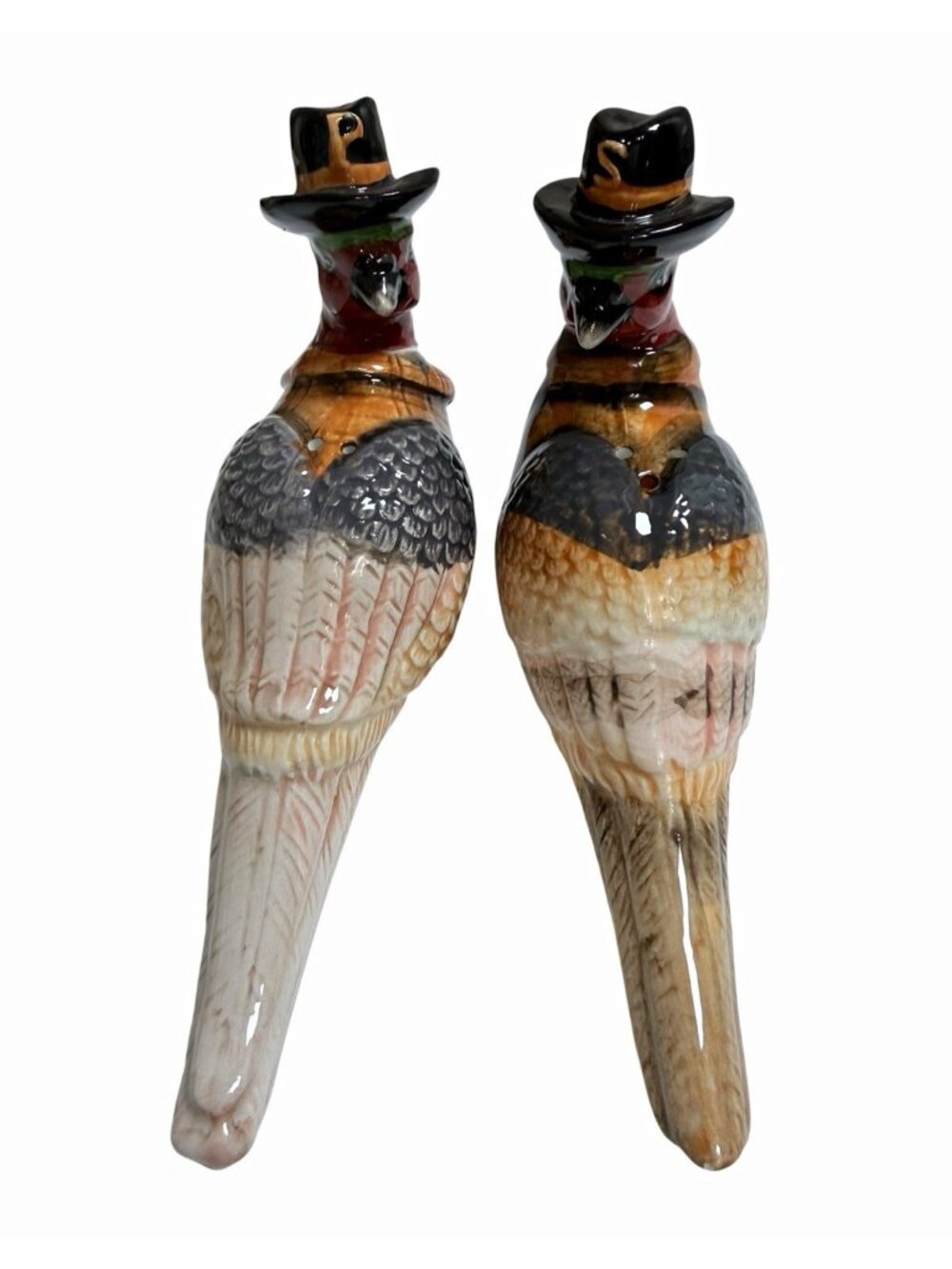Ceramic Pheasant Thanksgiving Salt & Pepper Shakers Pilgrim Hat Pair Small Flaw